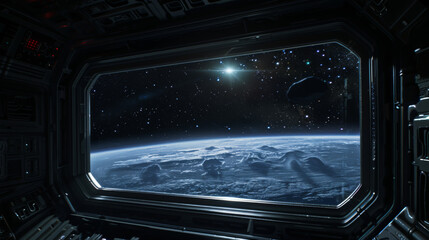 View from the window of a spaceship to space, the Moon, and the limitless universe. Rectangular porthole of a black room with a comic landscape. Scientific concept, space flights.