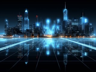 Fototapeta premium Night city view with neon lights and reflections