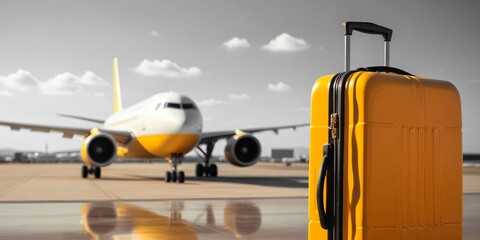 A yellow suitcase in the foreground and a commercial airplane in the background on the runway. Flight, travel, airport concept