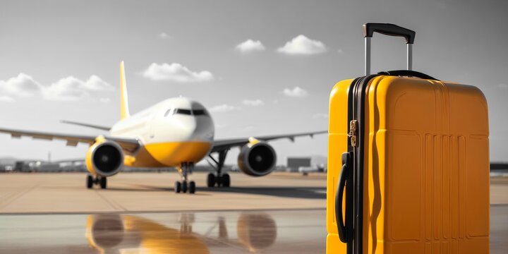 A yellow suitcase in the foreground and a commercial airplane in the background on the runway. Flight, travel, airport concept