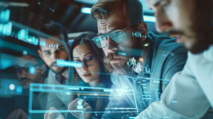 Portrait of young people in office clothes working in a modern technological office. A team of employees works together on a project in a dark room with digital screens. Lifestyle.