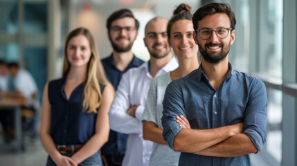 Obraz premium Portrait of young office employees standing in the corridor of a modern office. A group of people in casual clothes are working together. Teamwork concept.