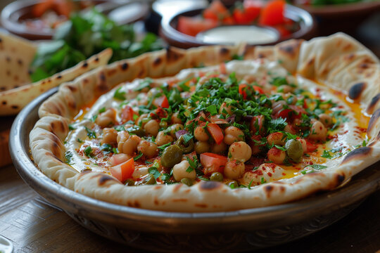 Bowl Filled With Israeli Sabich, Pita, Eggplant, and Chickpeas