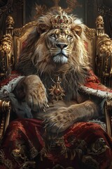 lion king in golden crown and on throne
