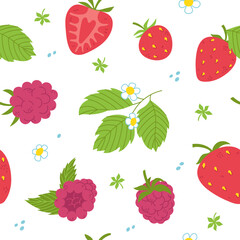 Seamless pattern with strawberries, raspberries, flowers and leaves. Berries. Freehand vector illustration