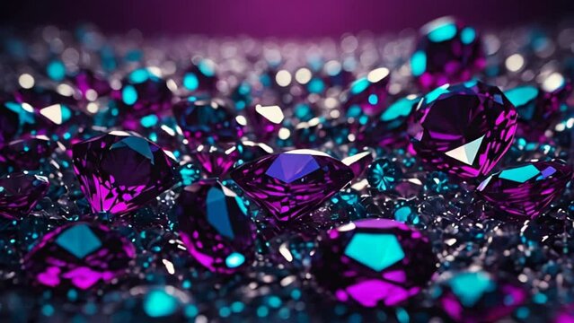 several violet gemstones, diamonds, placed on stones surface .