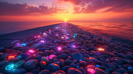 Surreal beach scene with vivid colors and a romantic atmosphere at dusk