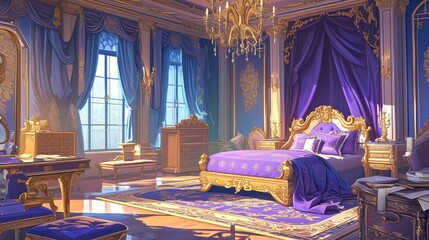 Obraz premium Illustration of an opulent royal bedroom in a palace fit for a king or queen featuring luxurious purple furniture in a classical empire style The room boasts a majestic canopy bed an elegant