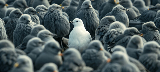 Obraz premium white bird between black and grey, standing out from the crowd, originality and uniqueness, one of a kind, different and extraordinary person concept
