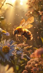 Naklejka premium macro shot of bee flying over flowers and blossom