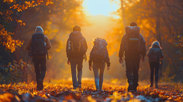 Silhouettes of friends young hikers with backpacks are walking in mountains at sunset time , blur effect background 