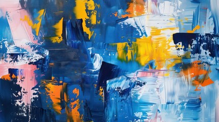 Large brushstroke oil painting of abstract art. Artwork, mural, modern artwork, paint spots and strokes, gold elements, blue, orange, gold and yellow. Large brushstroke oil painting