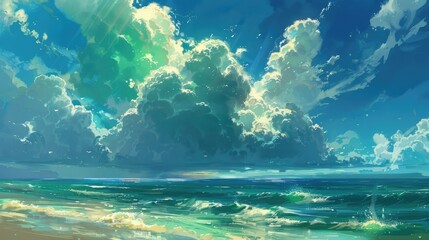 Enchanting ocean view with a large verdant cloud hovering over the horizon