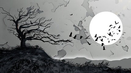 Paper Cut Style Dusty Dark Horizon with Crows Portending an Ominous Atmosphere