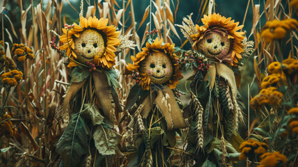 Obraz premium Three scarecrows stand in a corn field. They wear flower crowns and have a happy expression on their faces. Concept of rituals and traditions.