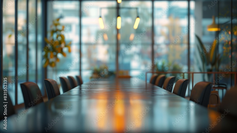 Aufkleber a modern conference room with a long table and chairs, large windows allowing natural light in, crea