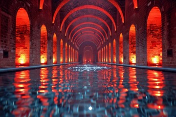 Vibrant red and blue indoor pool area with arched windows and sleek design, creating a dynamic and visually striking environment perfect for relaxation and leisure