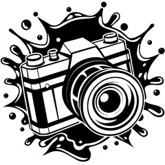t-shirt design, playful style, depicting a camera, splash art
