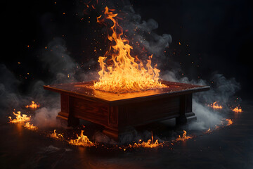 Wooden table with a fire burning on top, emitting particles, sparks, and smoke into the air, against a dark background with flames.
