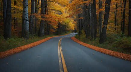 Fototapeta premium Country road through colorful forest Fall foliage background