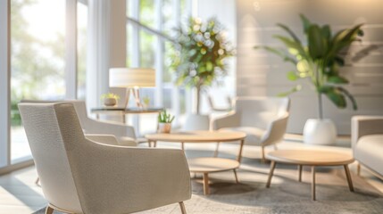 Fototapeta premium A contemporary living room with minimalist furniture, large windows, and abundant natural light. Cozy seating is complemented by plants and a table lamp.
