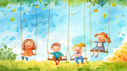 Illustration of happy children swinging on a swing on a summer day.  Blue sky, green grass, happy children.