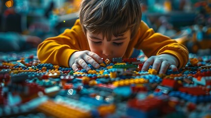 Child constructing with LEGO, merging construction and creativity