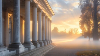 Fototapeta premium A Neo-Classical entablature with stoic pillars stands majestically in dawn's serene fog, blending history and nature.