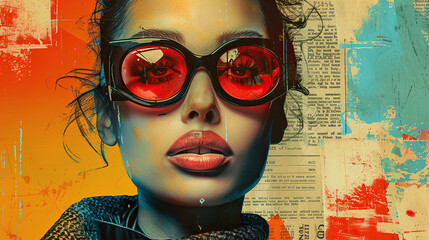 Fashion girl with red lips and glasses Woman retro colorful art face closeup flying hair, . Stylish original graphics portrait with beautiful young attractive girl model, space for text, beauty