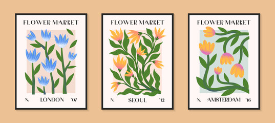 Abstact flower market vector posters with hand drawn florals.Modern botanical illustrations for prints,flyers,banners,invitations,branding design,covers,home decoration.