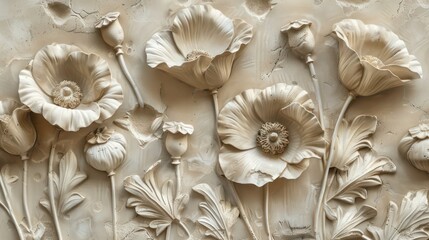 Texture of plaster with poppy flowers. Detailed stucco relief with floral designs in classical style