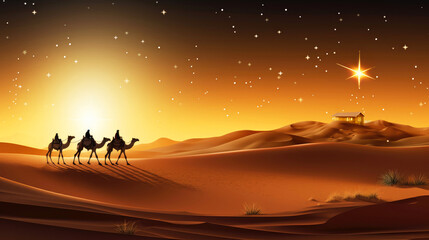 Shining Bethlehem star and silhouette of three wise men on camels in desert. Bright bethlehem star. Christmas religious nativity concept. Banner. Epiphany concept