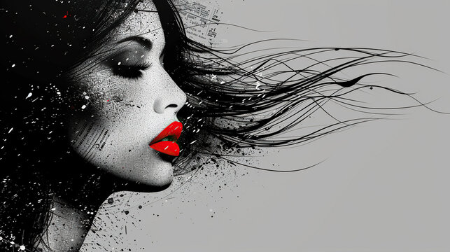 Fashion girl with red lips Woman's black and white sketch face art flying hair,  fashion portrait. Stylish original graphics portrait with beautiful young attractive girl model, space for text, beauty