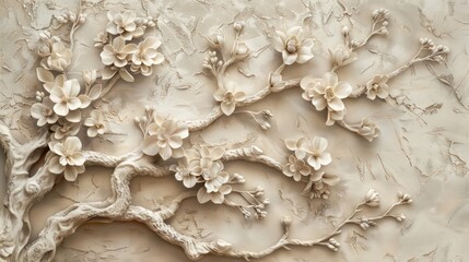 Texture of plaster with poppy flowers. Detailed stucco relief with floral designs in classical style