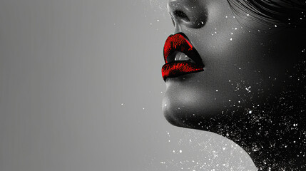 Fashion girl with red lips Woman's black and white sketch face art flying hair, fashion portrait. Stylish original graphics portrait with beautiful young attractive girl model, space for text, beauty