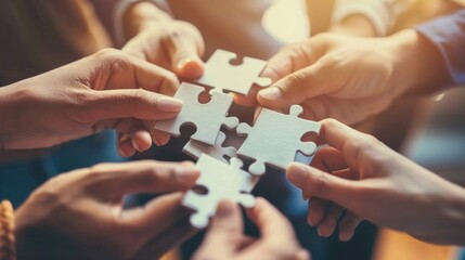 Concept of teamwork and partnership. Hands join puzzle pieces in the office. business people putting the jigsaws team together.Charity, volunteer. Unity, team business. 