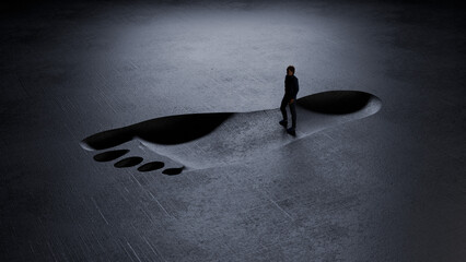 3d render of a man standing in a huge footprint.