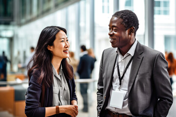 Happy african american man recruiter personnel manager and young asian woman job applicant on work interview at job career fair. Concept of Labor day