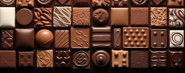 An assortment of dark chocolate pieces and bars. chocolate background