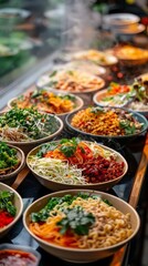 Busy street food scene with a variety of dishes, from steaming bowls of noodles to freshly made tacos, capturing the essence of urban culinary culture