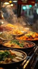Obraz premium Busy street food scene with a variety of dishes, from steaming bowls of noodles to freshly made tacos, capturing the essence of urban culinary culture