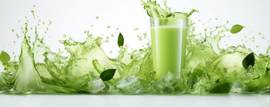 A glass of green juice with a splash of green liquid.