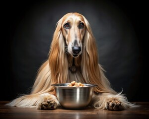 Afghan Hound dog sitting on a dark smoky background and eating from a bowl.