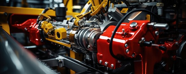 Obraz premium Close up of a powerful engine with red and yellow components.