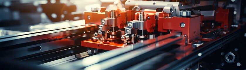 Fototapeta premium Close up of red industrial machinery with metal parts.