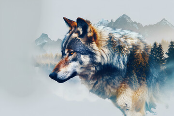 Majestic and powerful predator wildlife animal by lone grey wolf in solitude on double exposure background of wondrous