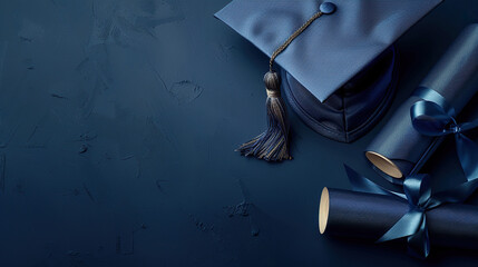 blue graduation cap or hat with degree paper , on blue card wallpaper, convocation concept , degree  , invitation card
