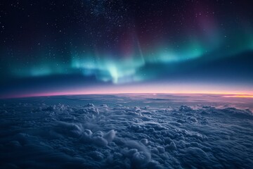 Stunning Aerial View Above the Clouds with Glowing Northern Lights Illuminating the Night Sky