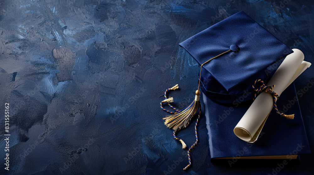 Wall mural blue graduation cap or hat with degree paper , on blue card wallpaper, convocation concept , degree  - Wall murals