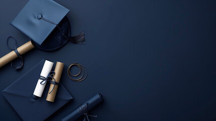 blue graduation cap or hat with degree paper , on blue card wallpaper, convocation concept , degree  , invitation card